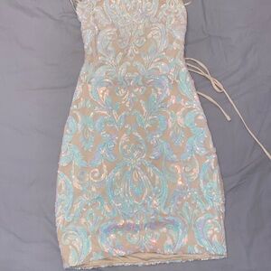 Windsor Dress in a beige color with iridescent bling size small